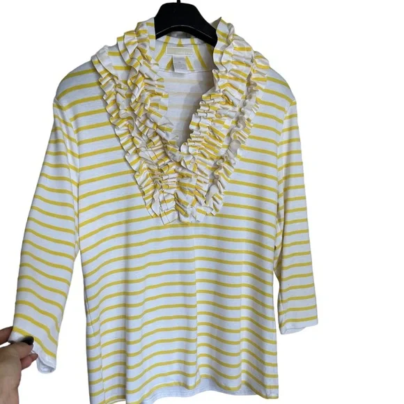Christina Yellow Stripe Ruffle Neckline Business Casual Sweater - Picture 5 of 5